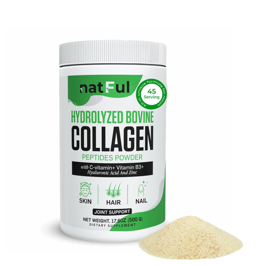 NATFUL Collagen Peptides Powder bottle close-up for hair, skin, and nails support