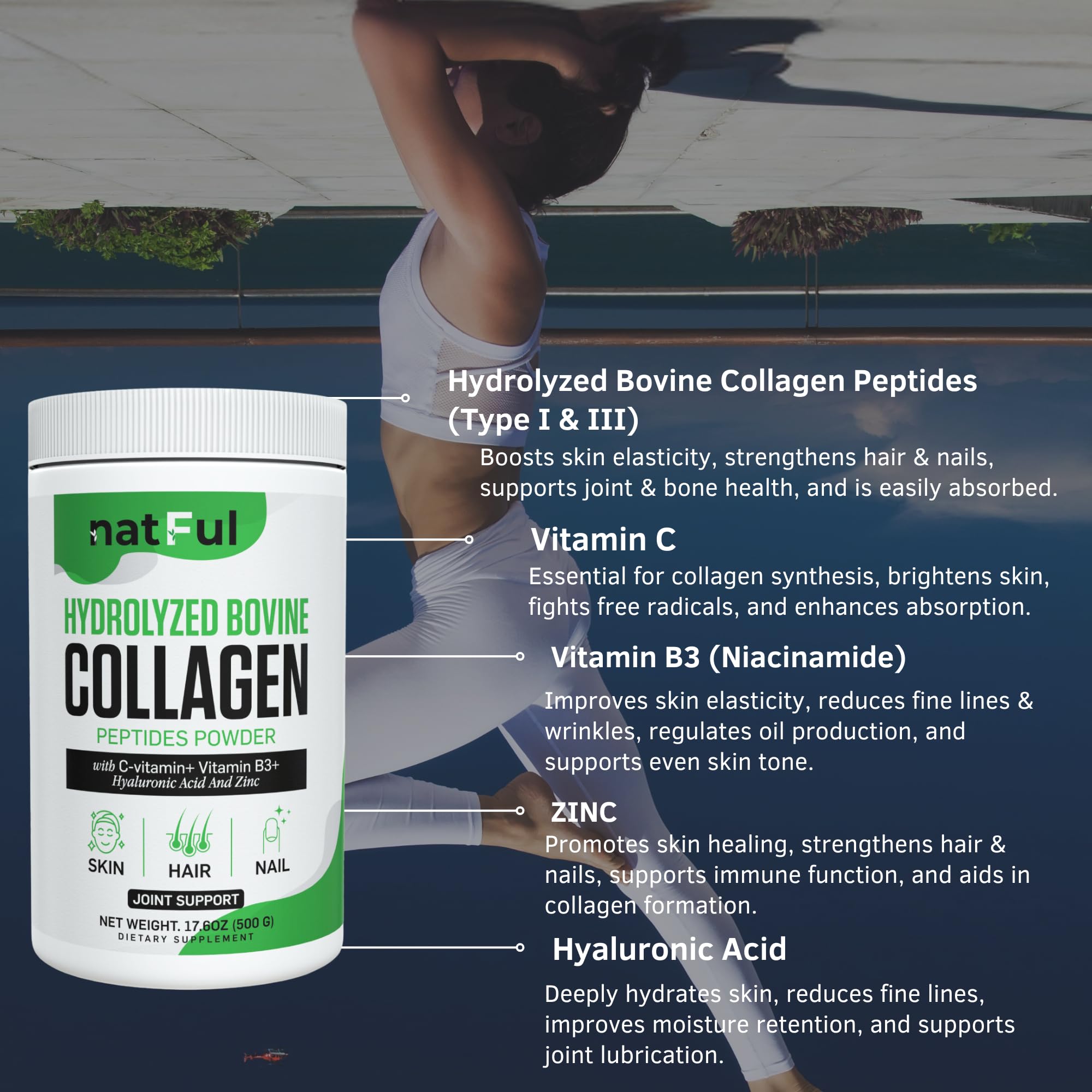 NATFUL Collagen Peptides Powder bottle on kitchen counter ready for daily use