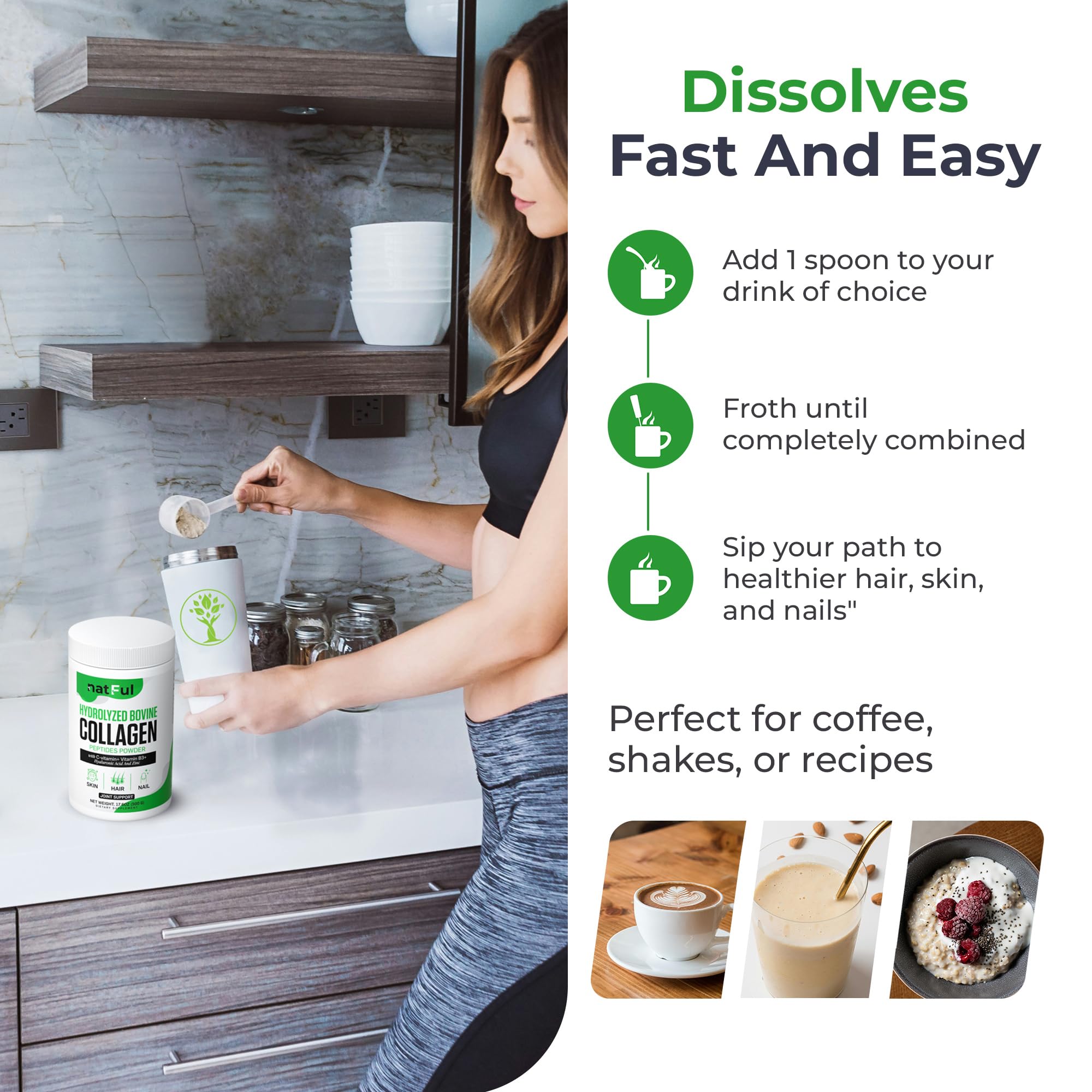 NATFUL Collagen Peptides Powder dissolving in coffee for a smooth, unflavored boost