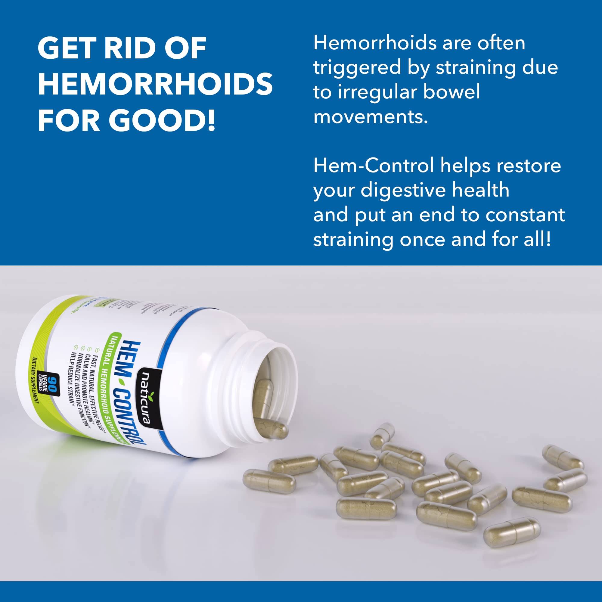 Naticura Hem-Control capsules closeup highlighting plant-based formula for relief.