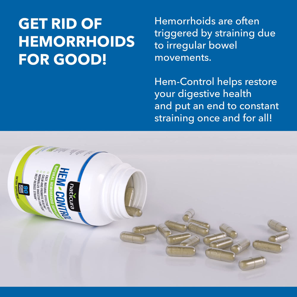 Naticura Hem-Control capsules closeup highlighting plant-based formula for relief.