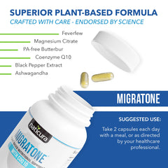 Naticura Migratone capsules highlighting MicroActive CoQ10 and absorption benefits.