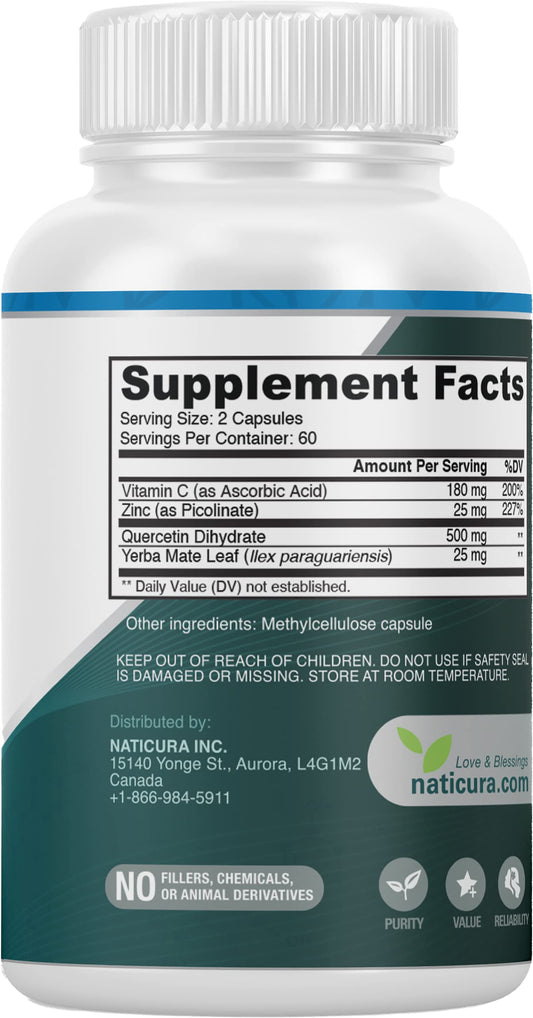 Close-up of Naticura capsules showing the zinc quercetin blend