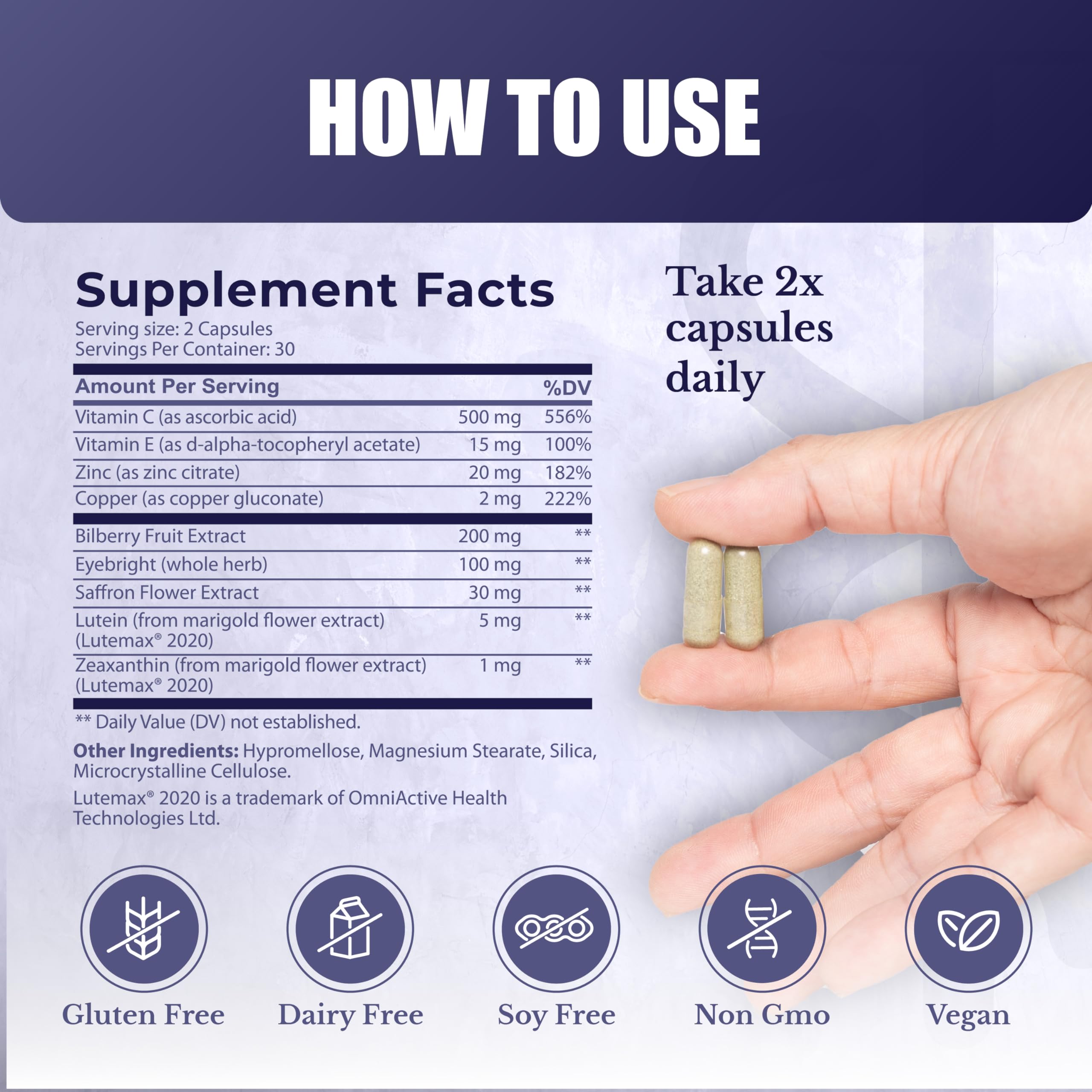 Nation Health MD Vision Nutri Complex bilberry and lutein ingredients pictured for eye wellness