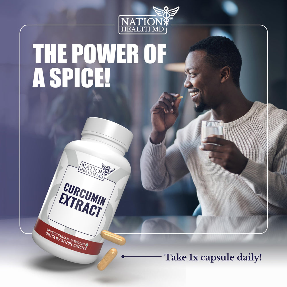 Nation Health MD Curcumin Extract bottle back shows usage directions for daily wellness.