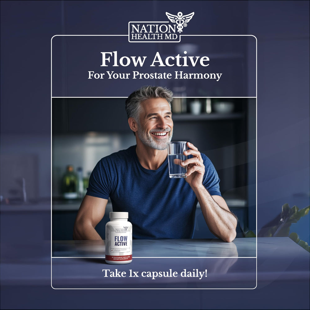 NATION HEALTH MD Flow Active vegan gluten-free label on bottle for clean, plant-based use.