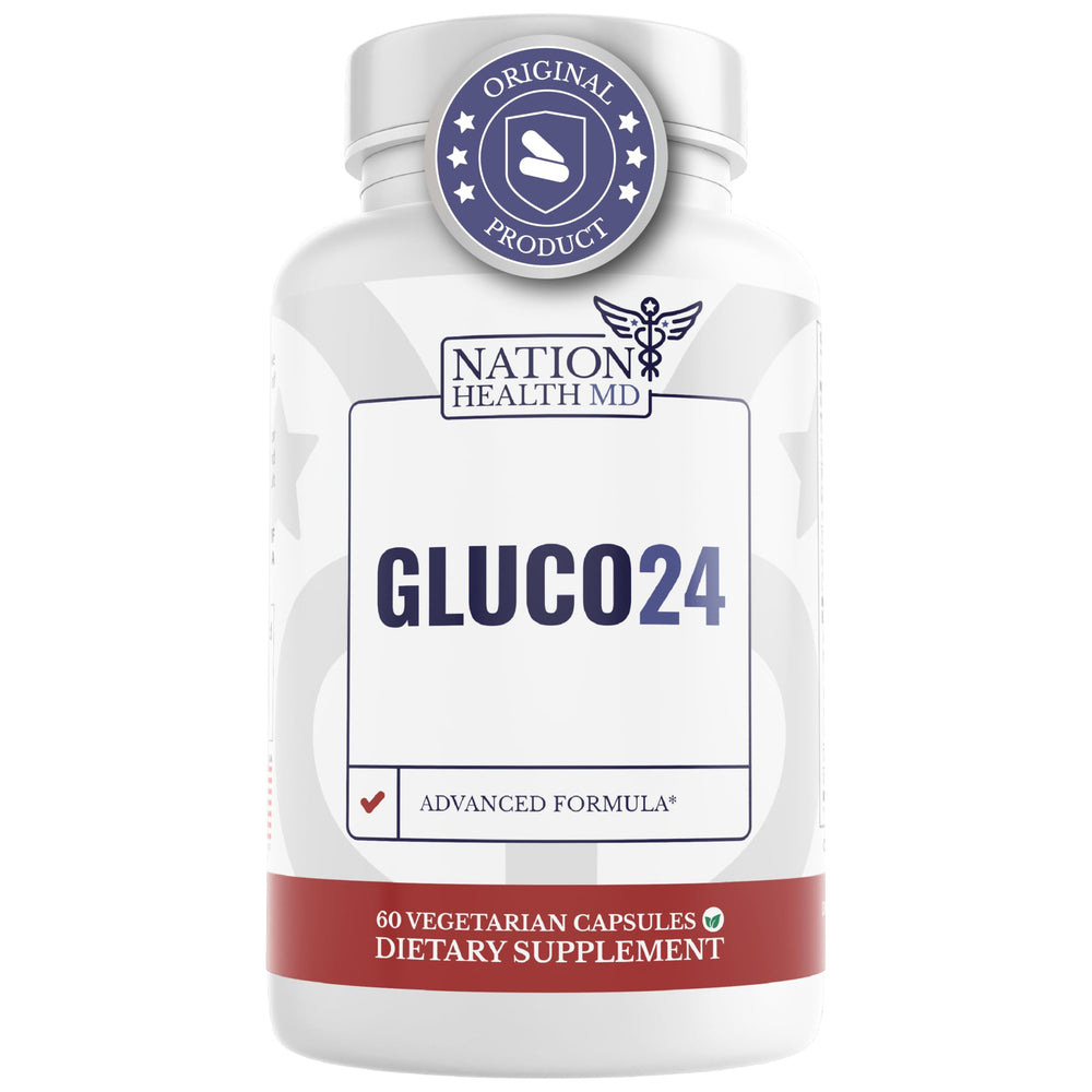 NATION HEALTH MD Gluco24 bottle and capsules for daily energy support.