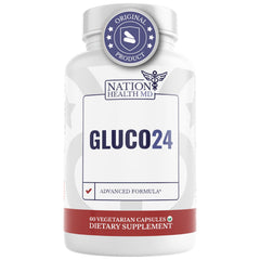 NATION HEALTH MD Gluco24 bottle and capsules for daily energy support.