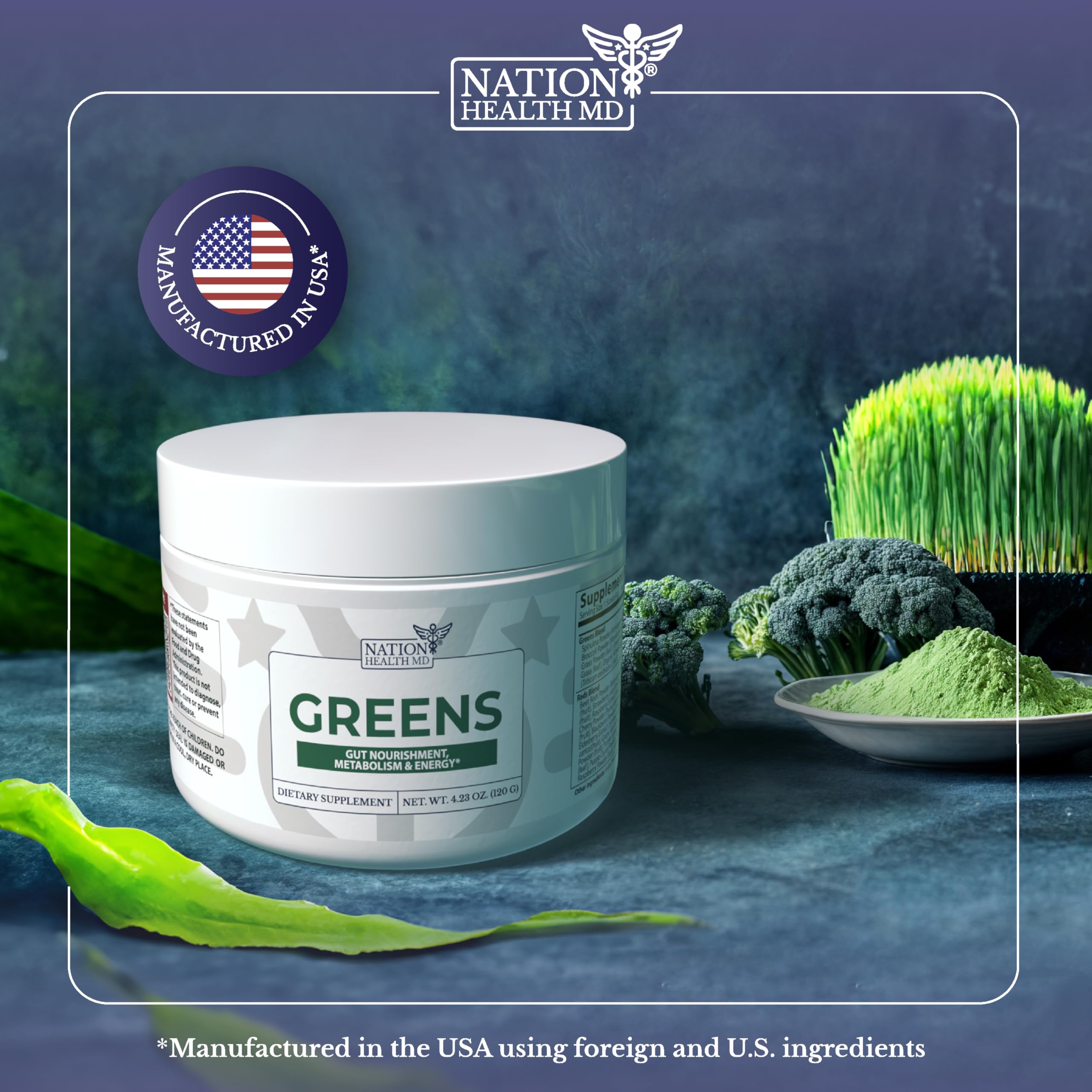 Nation Health MD Greens bottle back—clear label with vegan, non-GMO organic ingredients.