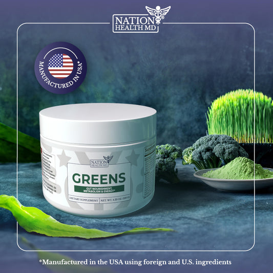 Nation Health MD Greens bottle back—clear label with vegan, non-GMO organic ingredients.