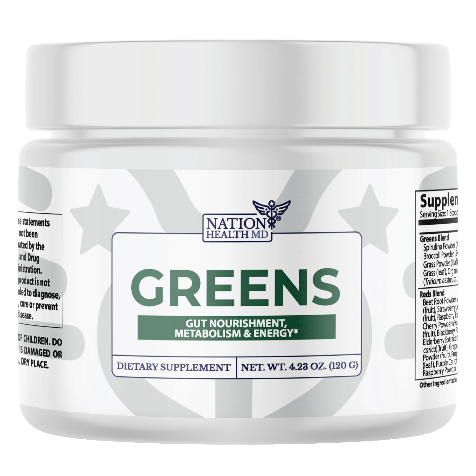 Nation Health MD Greens bottle front—vegan greens blend for daily vitality and antioxidant support.