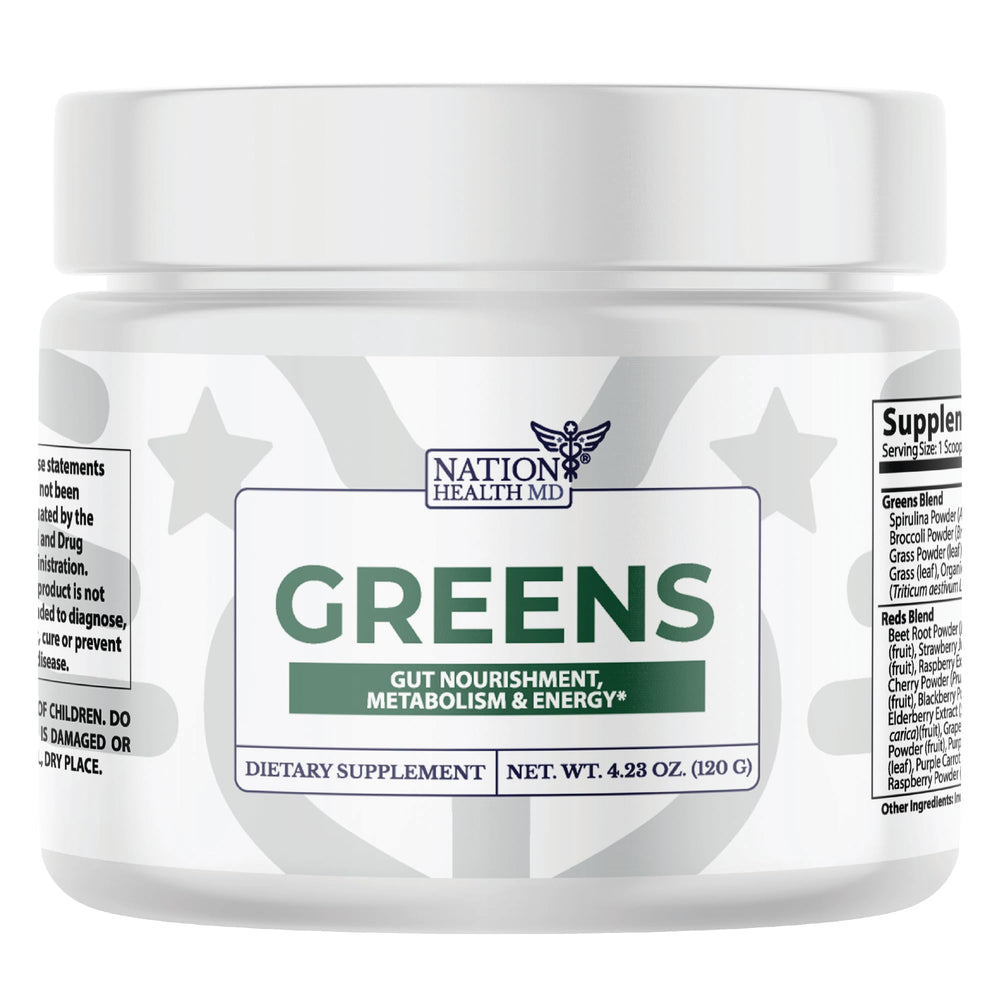 Nation Health MD Greens bottle front—vegan greens blend for daily vitality and antioxidant support.