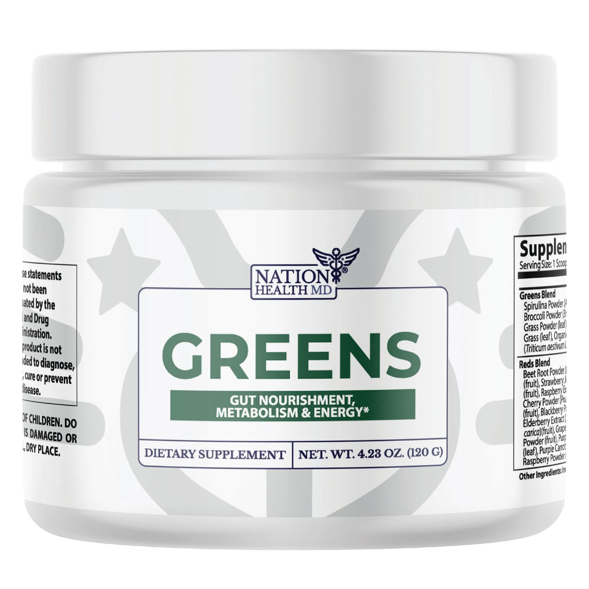 Nation Health MD Greens bottle front—vegan greens blend for daily vitality and antioxidant support.