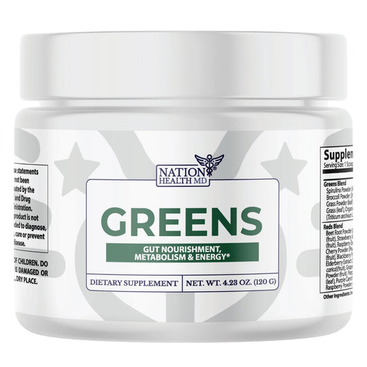 Nation Health MD Greens bottle front—vegan greens blend for daily vitality and antioxidant support.