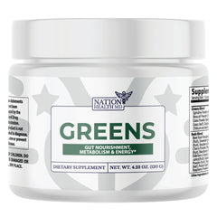 Nation Health MD Greens bottle front—vegan greens blend for daily vitality and antioxidant support.