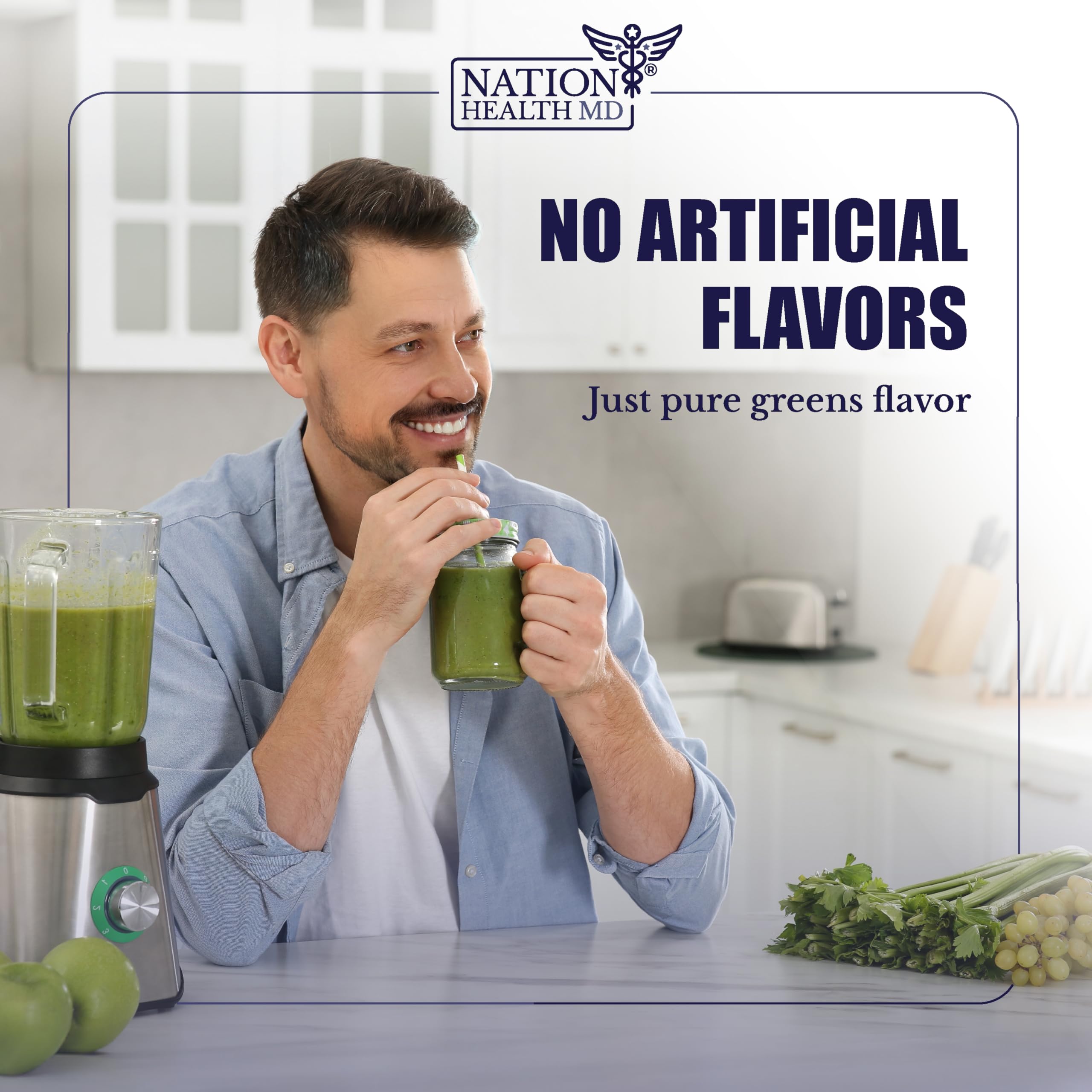 Nation Health MD Greens glass with dissolved powder—vibrant green beverage ready in seconds.