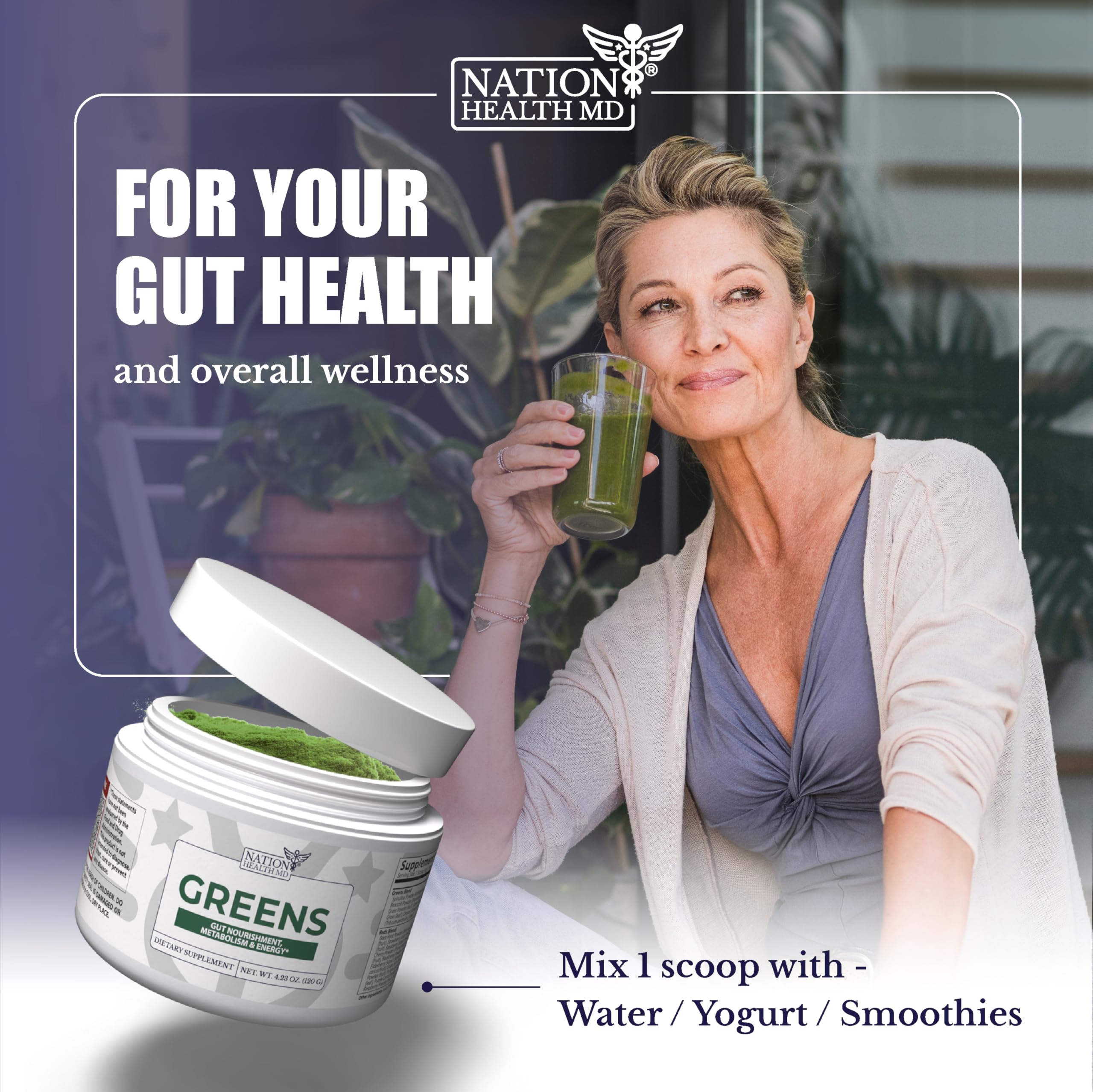 Nation Health MD Greens packaging display—compact container ideal for everyday wellness routines.