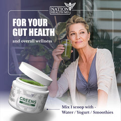 Nation Health MD Greens packaging display—compact container ideal for everyday wellness routines.