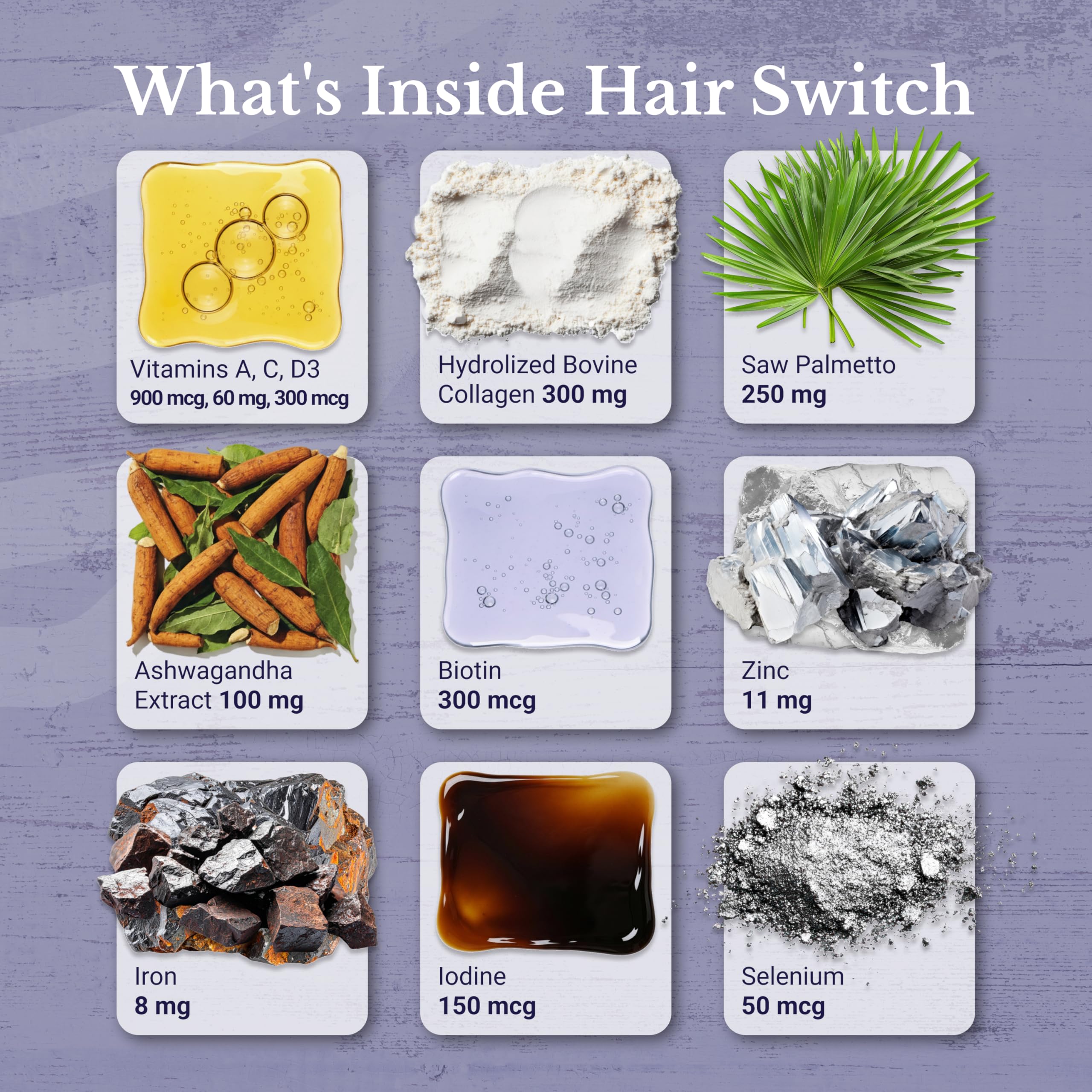 Nation Health MD Hair Switch capsules close-up highlights biotin and minerals.