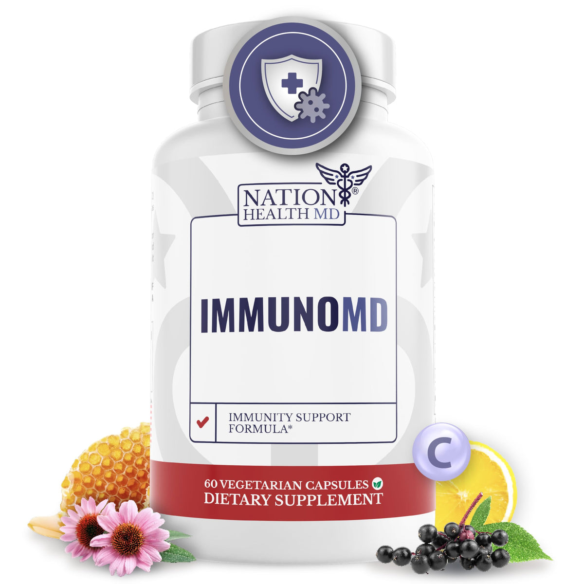 Nation Health MD Immuno MD bottle pour for easy daily immune support.