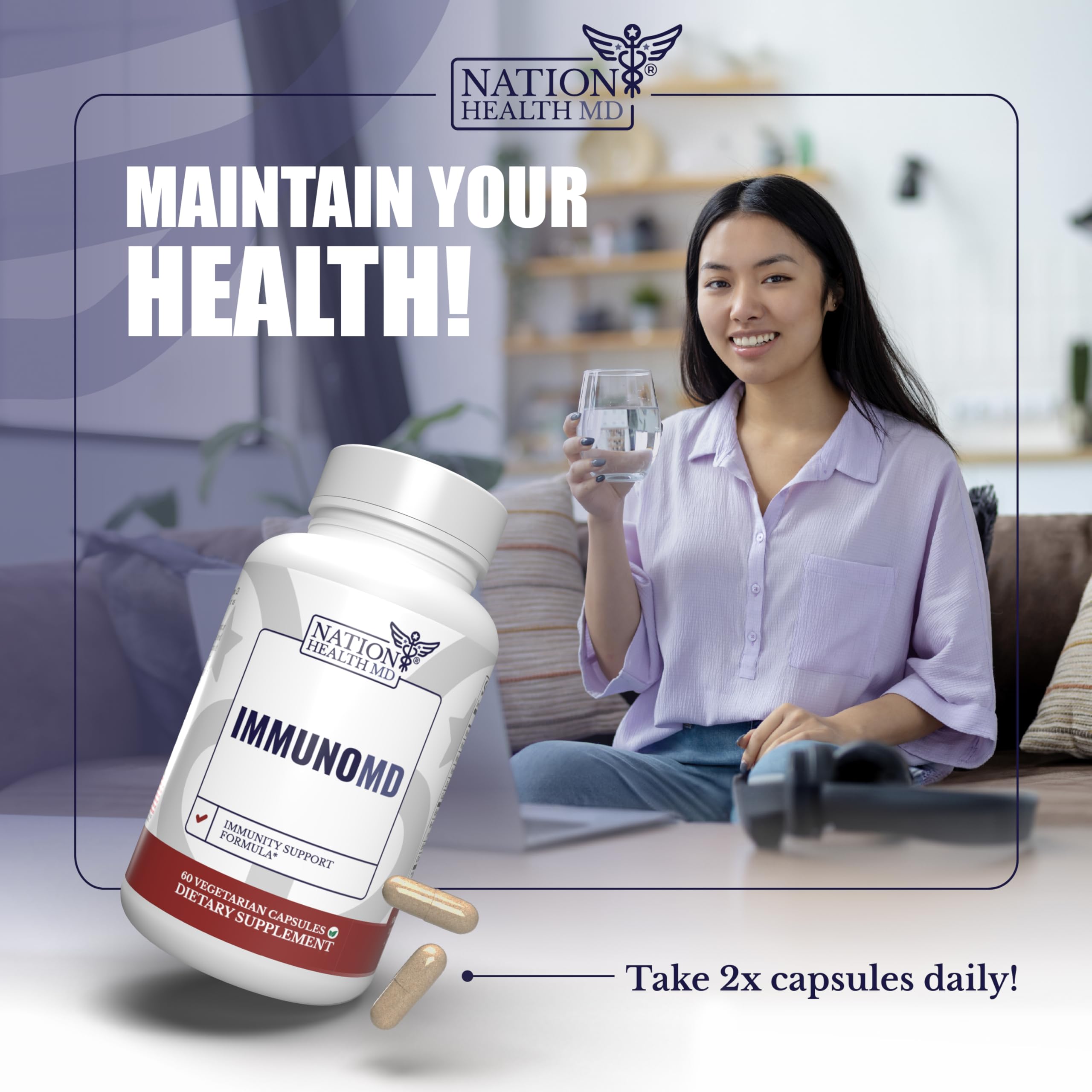 Nation Health MD Immuno MD ingredients zinc vitamin C visible on shelf.