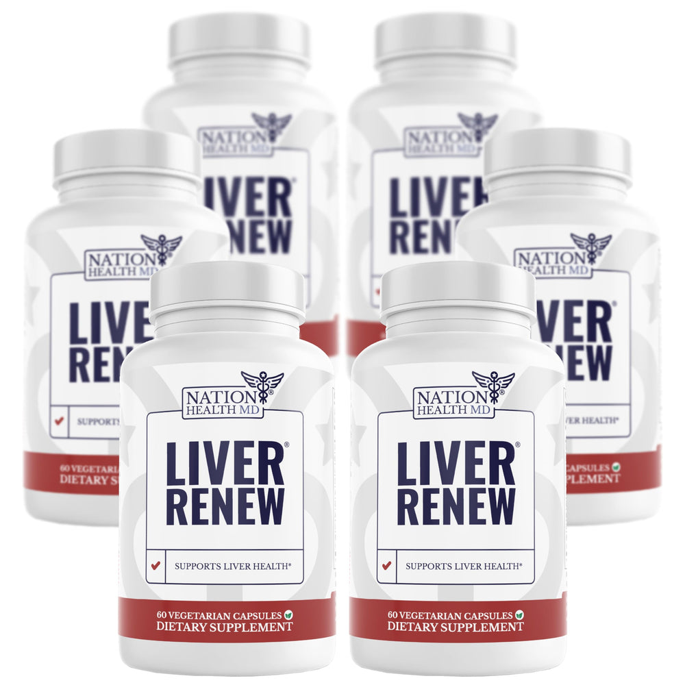 Nation Health MD Liver Renew bottle on kitchen counter, supporting daily detox and wellness.