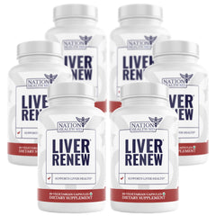 Nation Health MD Liver Renew bottle on kitchen counter, supporting daily detox and wellness.