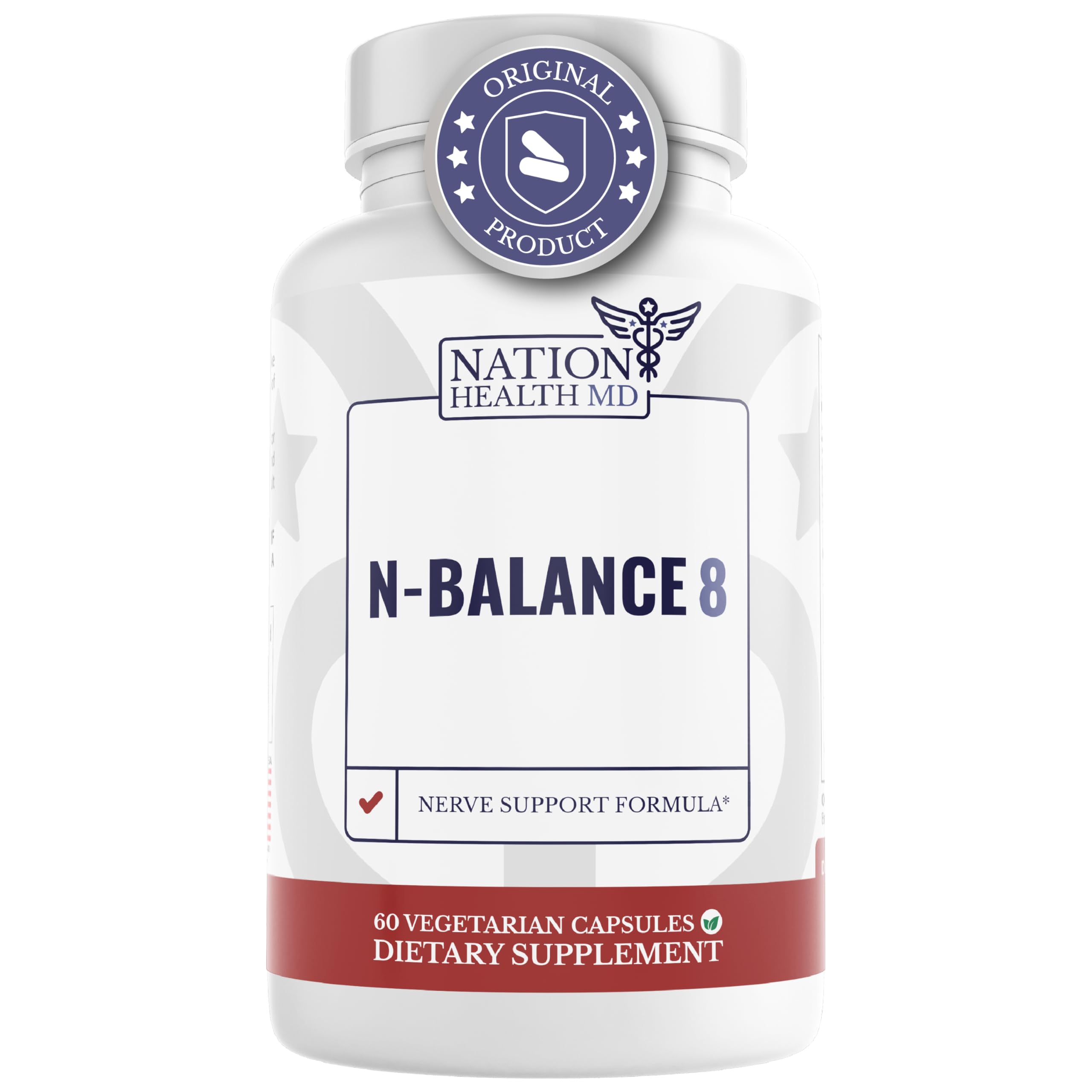 Nation Health MD N-Balance8 bottle front promotes nerve support for daily comfort.