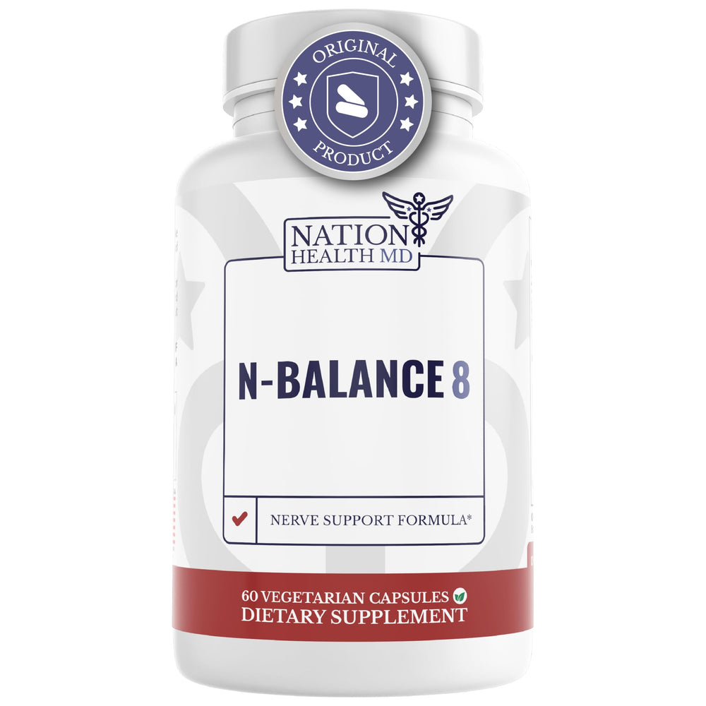 Nation Health MD N-Balance8 bottle front promotes nerve support for daily comfort.