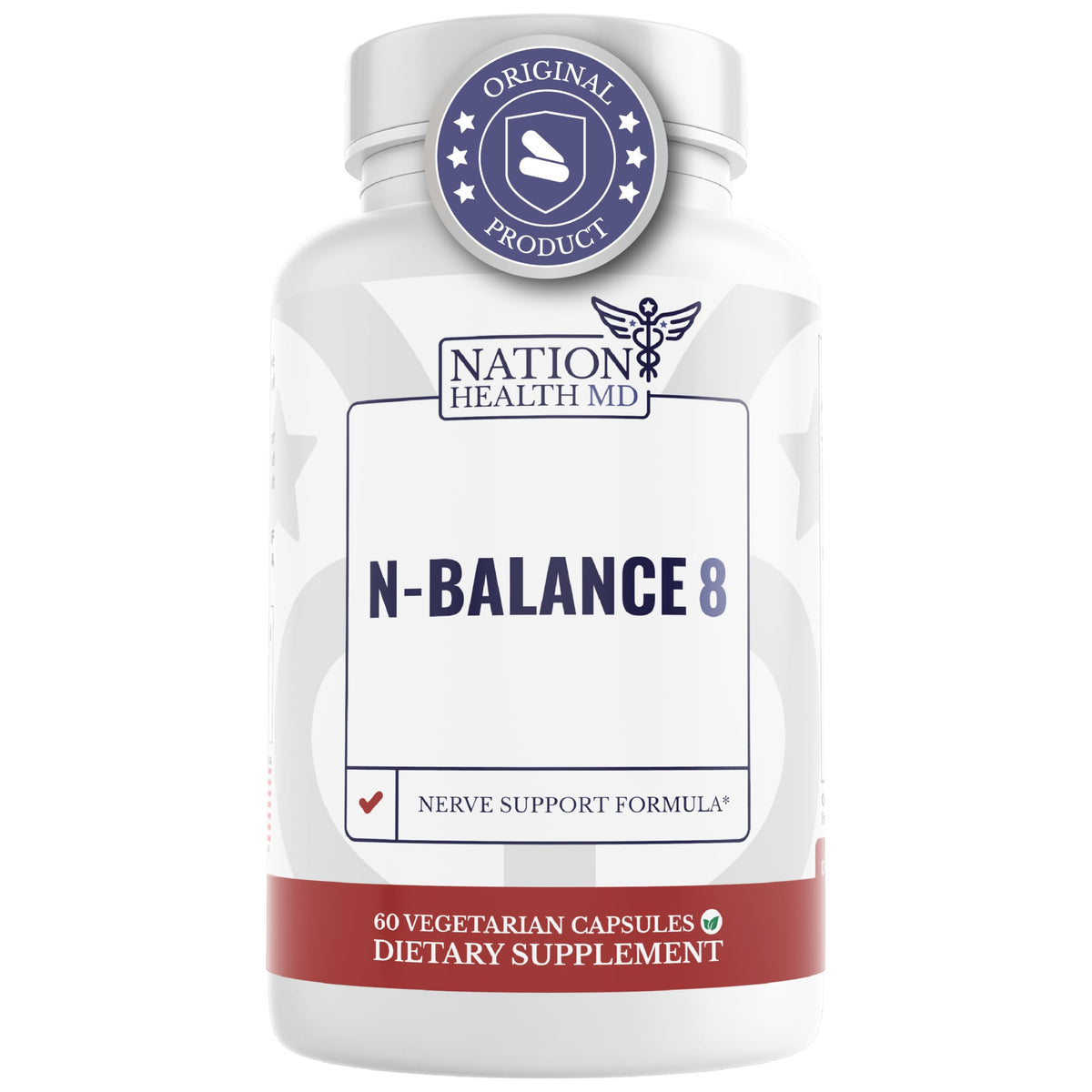 Nation Health MD N-Balance8 bottle front promotes nerve support for daily comfort.