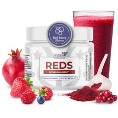 Nation Health MD Reds Powder bottle close-up highlighting berry rich formula
