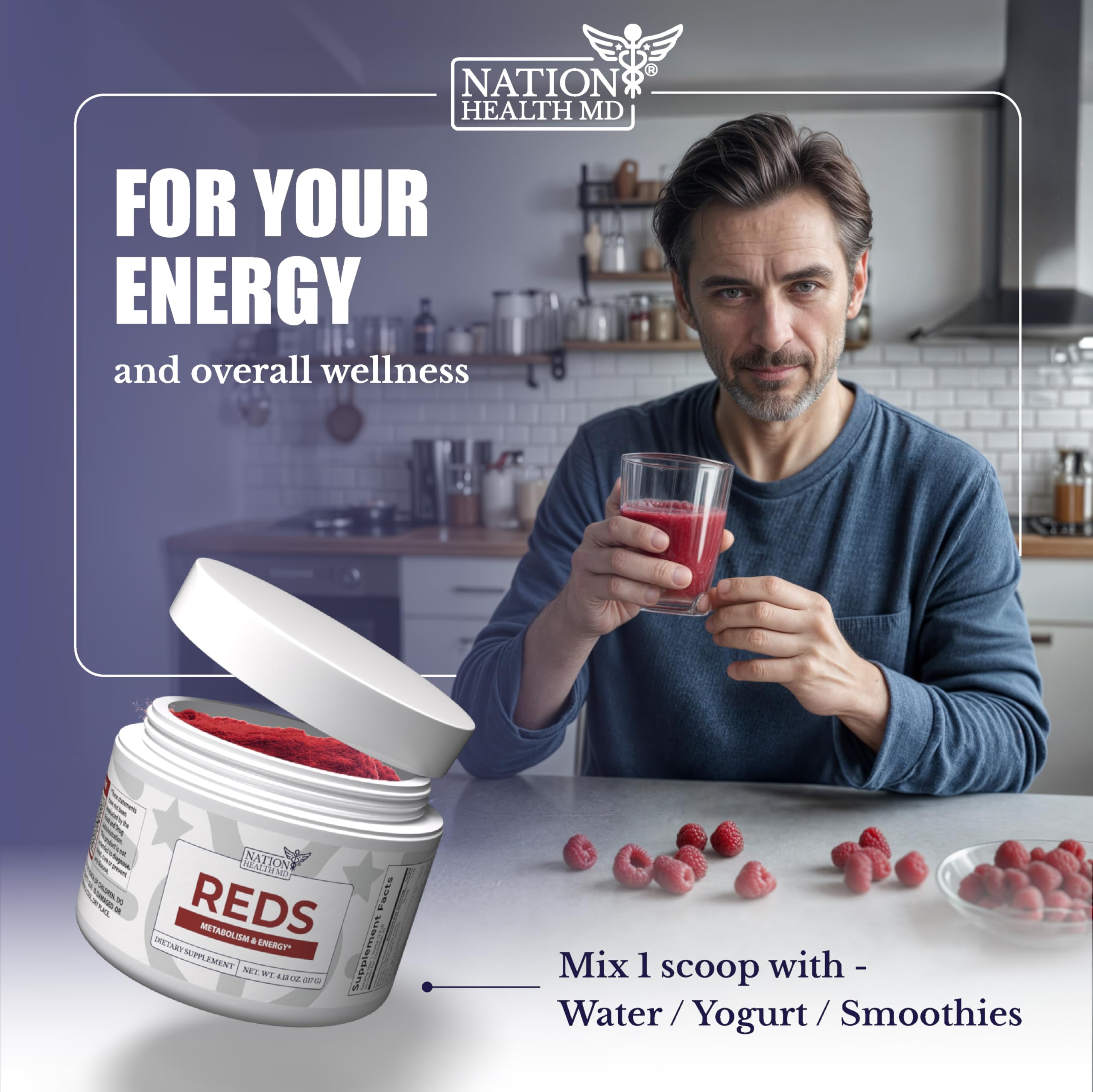 Nation Health MD Reds Powder label close-up emphasizing natural ingredients