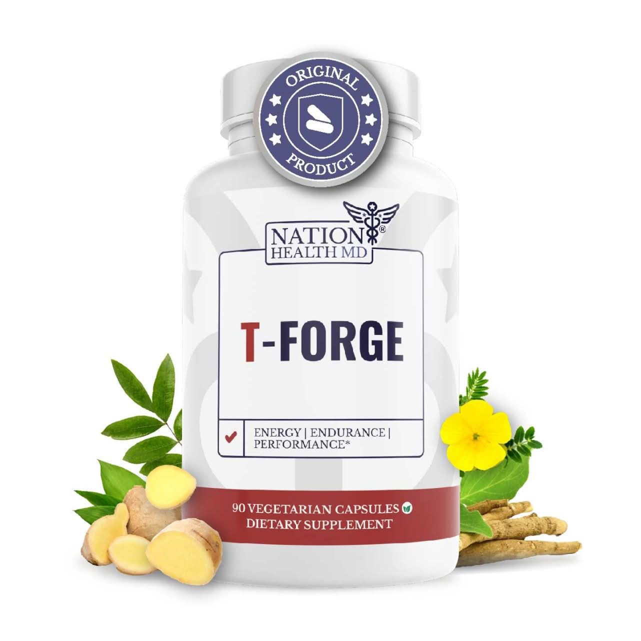 Nation Health MD T-Forge bottle with label close-up highlights premium male vitality support.