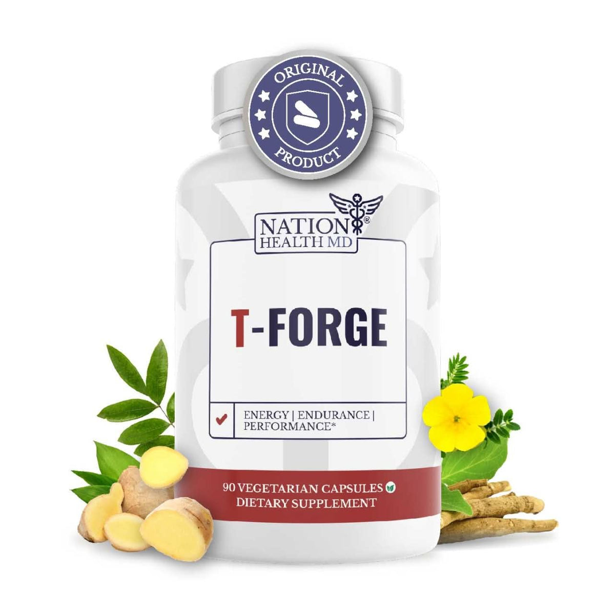 Nation Health MD T-Forge bottle with label close-up highlights premium male vitality support.