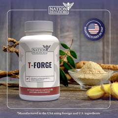 Nation Health MD T-Forge bottle beside water for easy daily use.