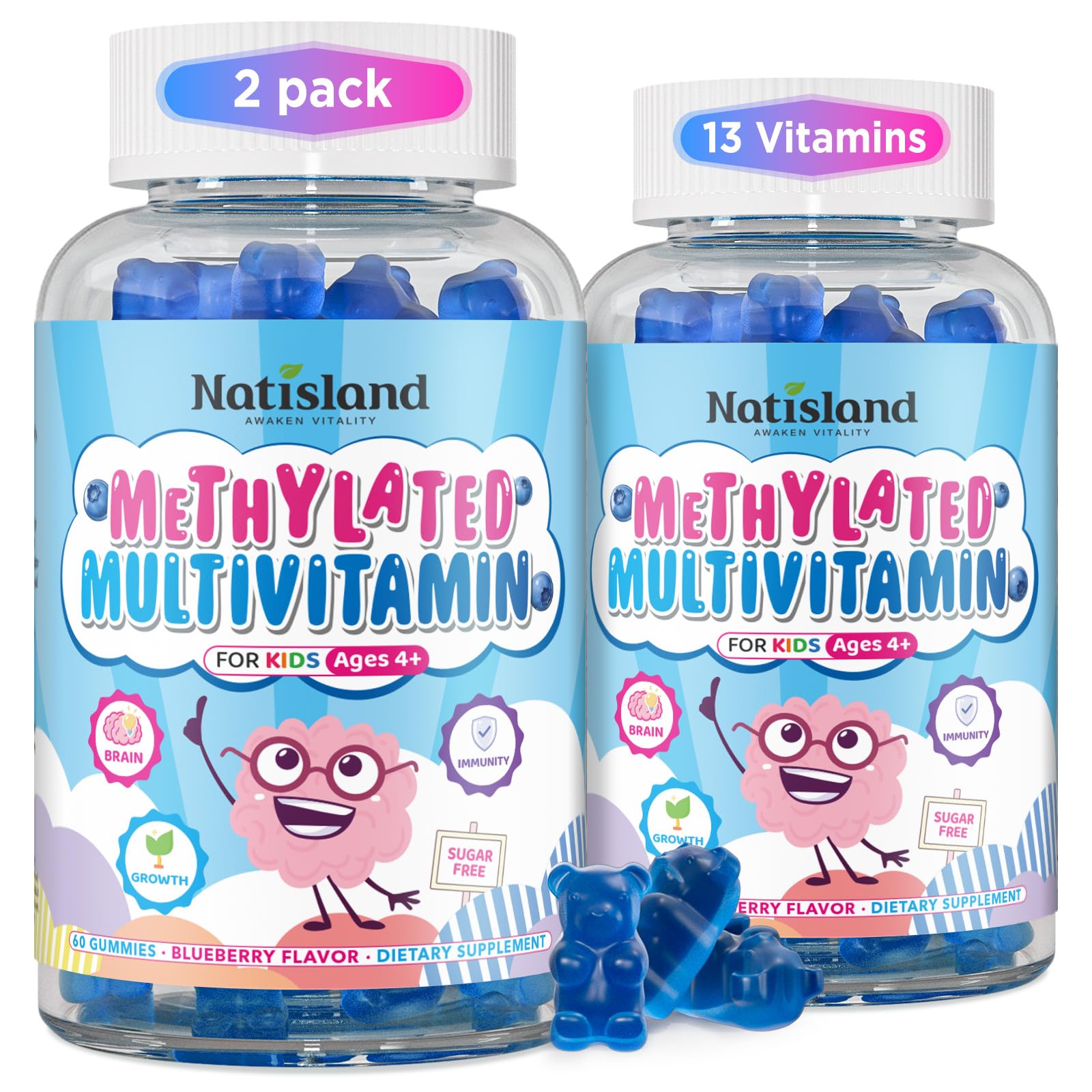 Natisland Kids Methylated Multivitamin bottle supports daily nutrition for growing kids.