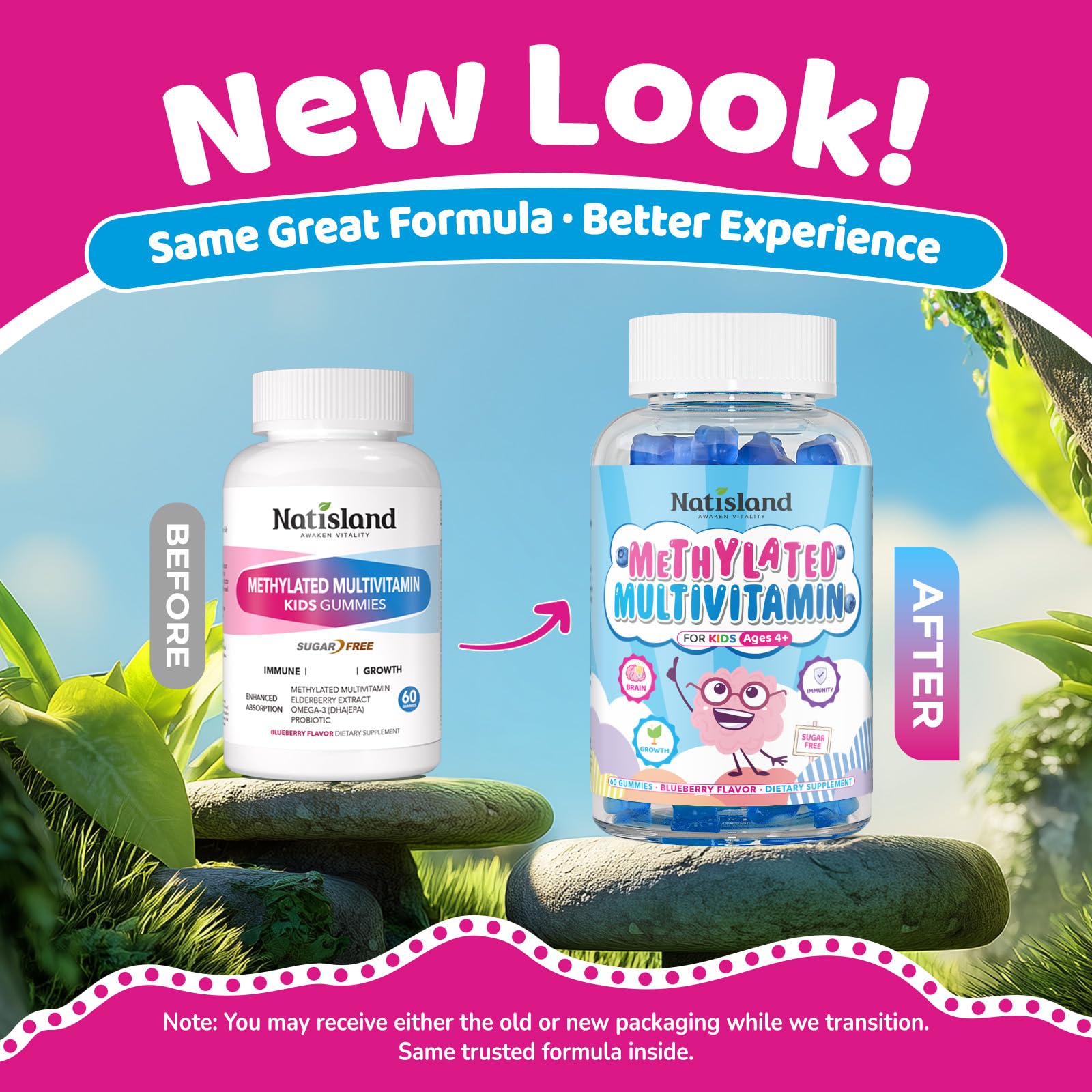 Natisland methylated multivitamin gummies close-up highlighting blueberry flavor.