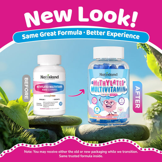 Natisland methylated multivitamin gummies close-up highlighting blueberry flavor.