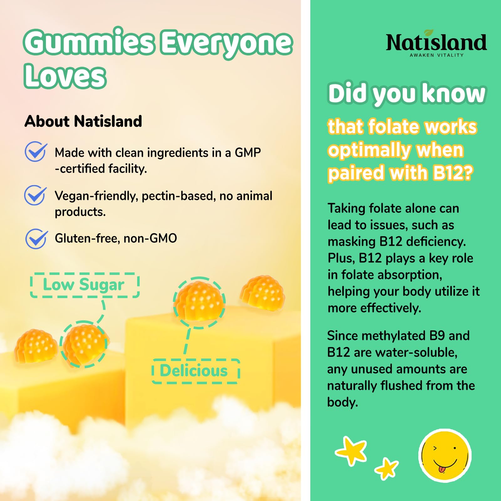 NATISLAND L-Methylfolate Gummies close-up with 5-MTHF and B12 synergy for wellness.