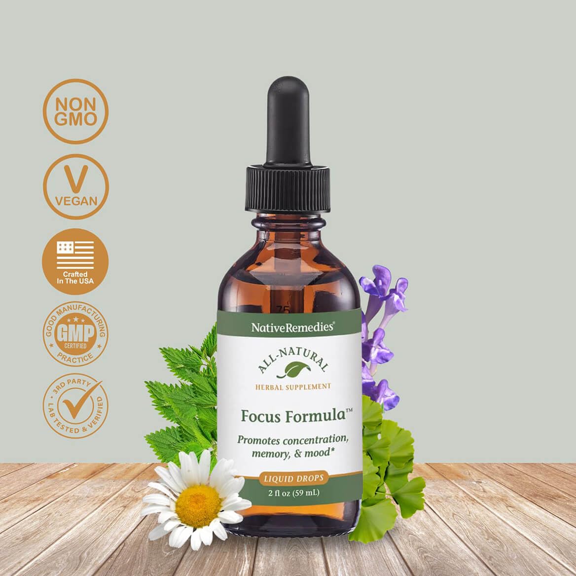 Native Remedies Focus Formula drops pour shows easy-use tincture.