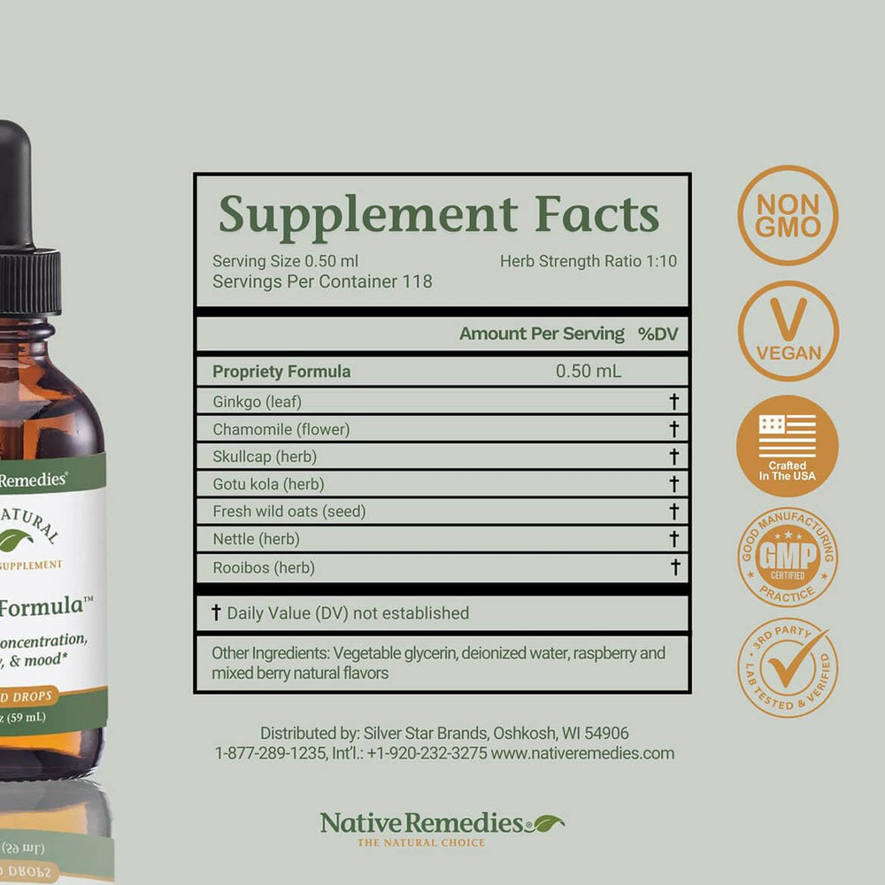 Native Remedies Focus Formula glass with drops demonstrates simple administration.