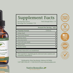 Native Remedies Focus Formula glass with drops demonstrates simple administration.