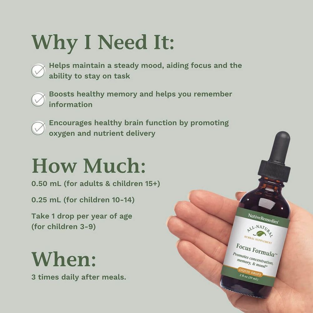 Native Remedies Focus Formula label close-up emphasizing natural ingredients.