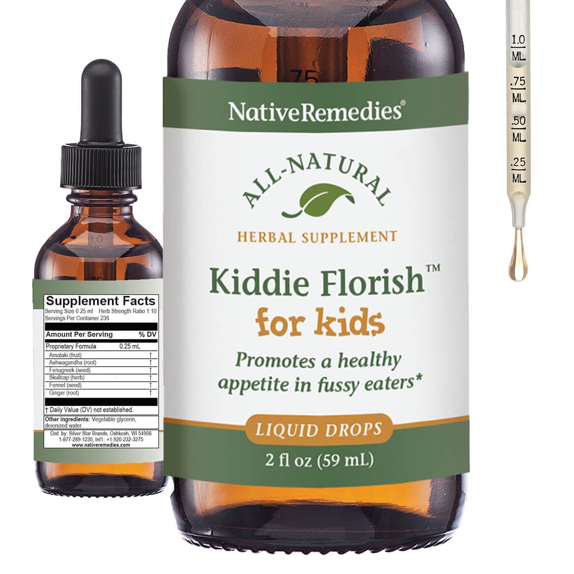Native Remedies Kiddie Florish bottle shown on a table, inviting appetite support for kids