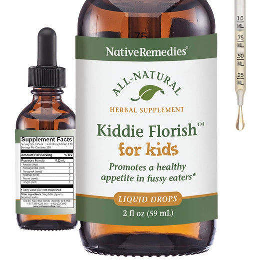 Native Remedies Kiddie Florish bottle shown on a table, inviting appetite support for kids