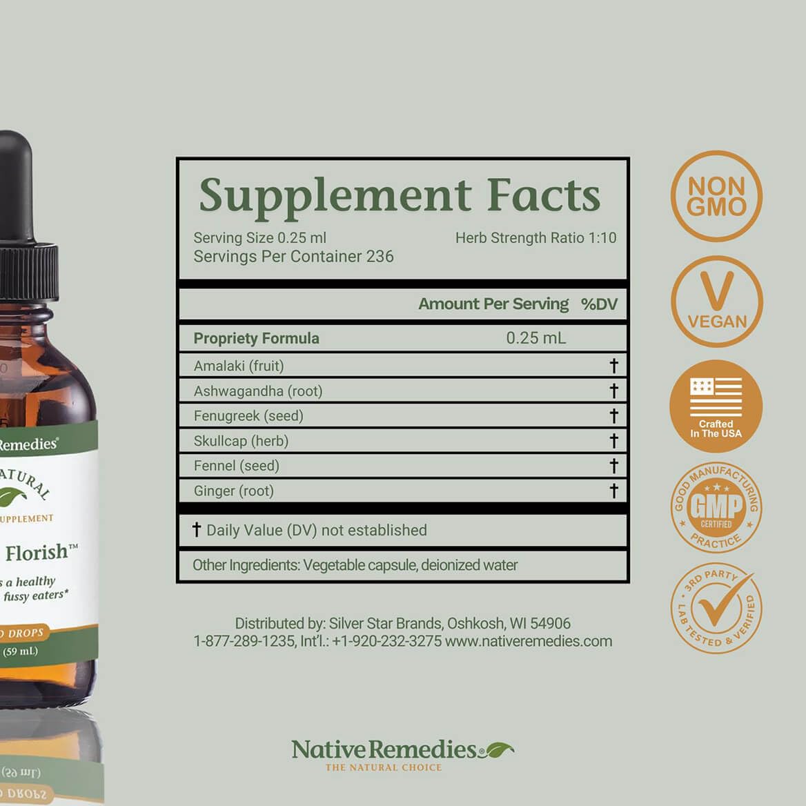 Close-up of Kiddie Florish ingredients label and natural components