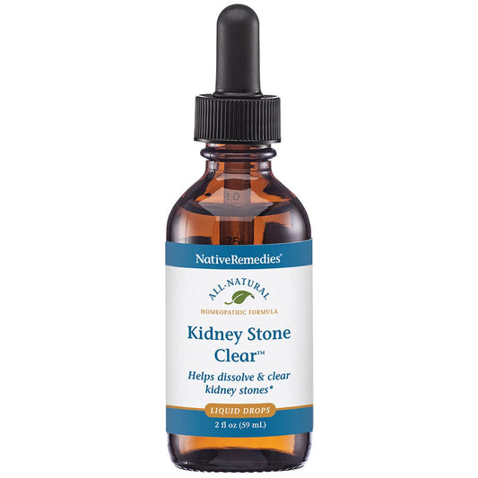 Native Remedies Kidney Stone Clear bottle demonstrates tincture for temporary kidney stone support.