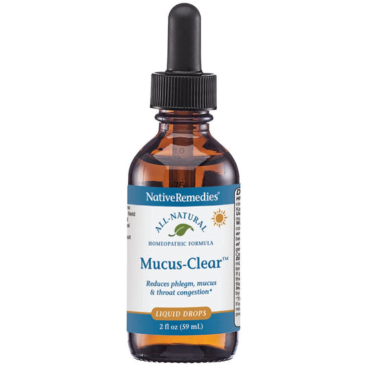 Close-up of Native Remedies Mucus-Clear dropper showing precise dosing.