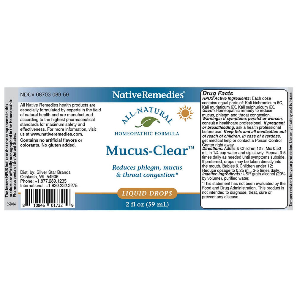 Native Remedies Mucus-Clear ingredients label highlights HPUS listed ingredients