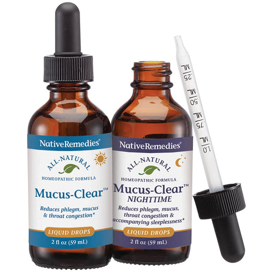 Native Remedies Mucus-Clear pack bottle shown for everyday relief and convenient at-home use